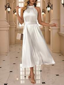 Celure Plus Size Women's Dress, Elegant Satin Fabric With Comfortable & Skin-Friendly Bestselling Material, Solid Color, Small Stand Collar Waist Tied Belt Slimming And Elongating, Bowknot Decoration At Back Waist, Sleeveless, Simple & Fashionable For Party, Suitable For New Year's Day Daily Commute, Shopping And Entertainment, Wedding And Banquet, Comfortable Fabric, High Cost-Performance