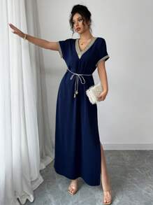 Rafferiza Nuevo vestido largo con abertura de manga corta, cintura holgada y decoración de cinturón trenzado dorado en estilo retro para mujeres