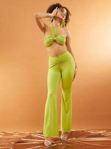 SHEIN Unity Top de festival con nudo retorcido, bralette, bandeau, top halter de verano para invitada de boda, fiesta, ocasión especial, festival de música, Acción de Gracias, Navidad, Año Nuevo para mujeres - Verde - Ver 3
