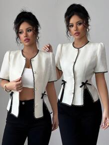 Chiquease Women's French Chic Wave Ruffle Bow Accent Split Sleeve Blouse - Apricot - View 1