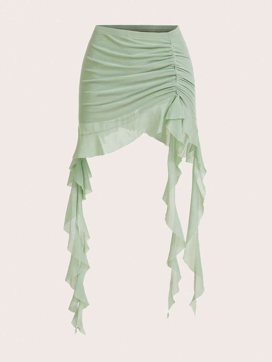 Sweetina 春季褶饰荷叶边饰荷叶边下摆网眼黑色半身裙 - 薄荷綠 - 查看 1