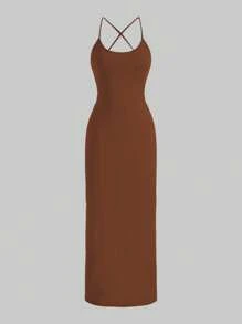 SHEIN 大码女式棕色细肩带露背紧身连衣裙 - 棕色 - 查看 2