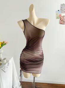 Soleia Vestido mini ajustado con cordón, plisado y efecto tie-dye vintage para mujer, favorecedor para fiestas, citas y el Día de San Valentín