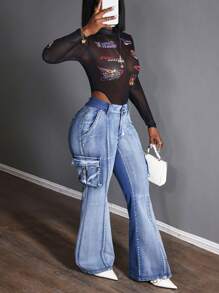 Slaydiva Women's Cargo Pocket Flare Casual Versatile Denim Jeans - Blue - View 5