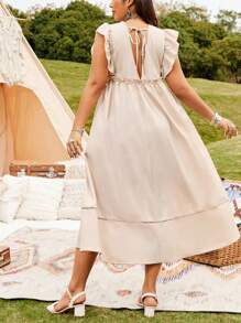 SHEIN LUNE Plus Size Vacation Solid Color Embroidered Ruffle Hem Tassel Dress - Khaki - View 2