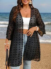 EMERY ROSE Plus Size Solid Color Long Sleeve Coat , Minimalist Sheer Casual Coat