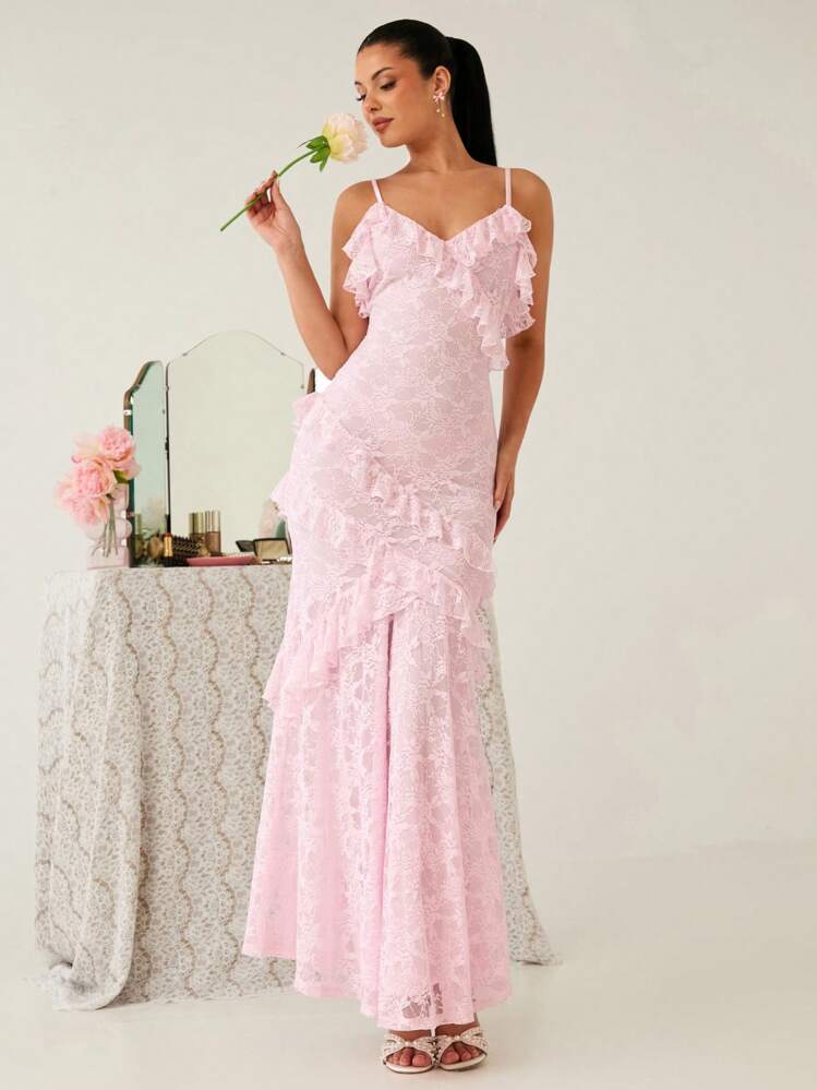 Enchnt Spring/Summer Romantic Women's Pastel Pink Ruffled Lace Mermaid Hem  Slip Maxi Dress,Sweet&Elegant&Modest&Sexy For Birthday&Holiday Party&Sweet  Date&Vacation&Graduation Season&Fairycore,Summer Outfits For Women,Wedding  Guest Dress Women,Bridal ...