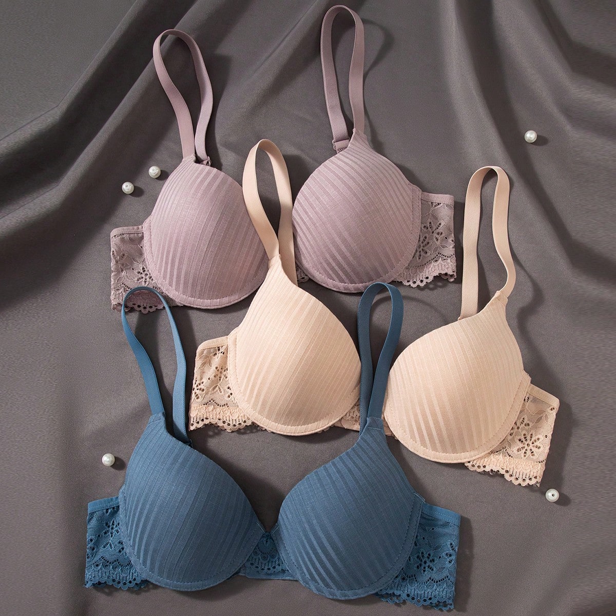Set de 3 piezas de sujetador con ribete de encaje de unicolor para mujer