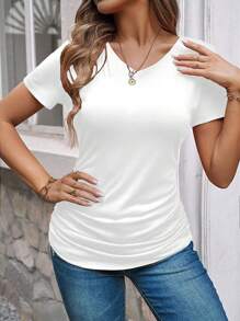 SHEIN LUNE Dames effen V-hals T-shirt met korte mouwen, minimalistisch en modieus, geschikt voor de zomer
