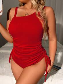 SHEIN Swim Curve 大码女式不对称领口连体泳衣，休闲修身 - 紅色 - 查看 3