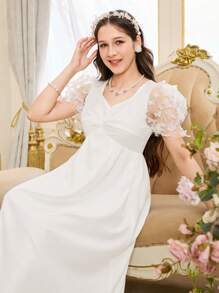 Teen Girl Elegant 3D Butterfly Decor Mesh Patchwork Puff Sleeve Dress - White - View 4