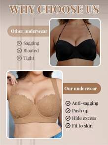 DesireSculpt 1pc Plus Size Contrast Lace Comfortable Seamless Underwire Padded Adjustable Bra Lingerie, Lift - Khaki - View 4
