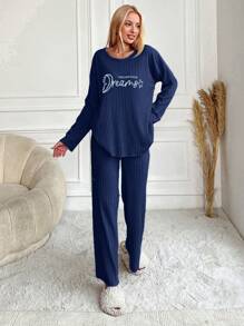 EURMUSE Women's Letter Printed Long Sleeve Top And Pants Homewear Set - Blue - View 4