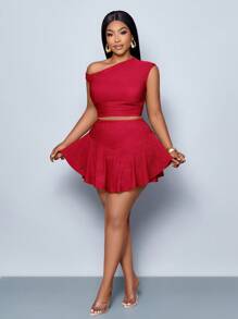 SOLERSUN Bộ đồ đôi Maweii Plus Size hở vai và quần culot bất đối xứng cho nữ ngày lễ tình nhân thường ngày hẹn hò tiệc hòa nhạc năm mới mùa xuân hè mùa tốt nghiệp trang phục mùa hè xanh cho nữ ngày lễ thánh Patrick - Đỏ - Xem 4