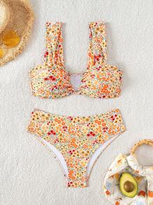 Women Spring Break Random Ditsy Floral V-Neck Spaghetti Strap Cute Sweet Flower Pattern Beach Bikini Swimwear Set For Summer Beach Vacation - Multicolor - View 4