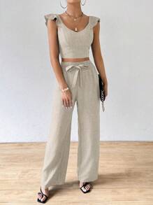 SHEIN Clasi 2pcs Women Plain Top With Cap Sleeve And Pants Set - Apricot - View 1