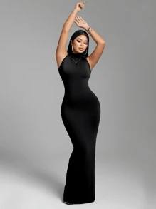 Zolique SHEIN Foxxy Women's High Collar Front Tied Sexy Extra Long Dress - Black - View 6