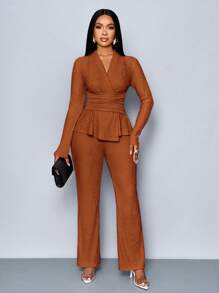 SOLERSUN Women's Apricot Color Elegant V Neck Long Sleeve T-Shirt And Wide Leg Pants Two Pieces Set, Asymmetrical Hem Two Pieces Outfits, Casual Daily Wear, Winter Clothes For Women Fall Cloth For Women - Brown - View 7