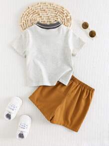 Cozy Pixies 2pcs/Set Baby Boy Contrast Color Collar Short Sleeve Top And Elastic Waist Shorts Set - Khaki - View 2