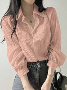 DAZY Women's Pleated Solid Color Lapel Loose Blouse, White, Spring/Summer/Autumn Preppy Tops,Fall Women Clothes Long Sleeve Top - Baby Pink - View 3