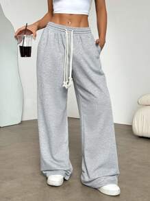 Lunelith SHEIN Lunessa Women's Gray Low-Waist Double-Strap Drawstring Tie Pocket Straight Leg Sweatpants, Fashionable Casual Sports Minimalist Design, Versatile For Daily/Home Wear, Spring/Summer