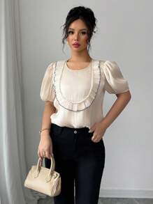 Elenzga Standard Size Women's Elegant Round Neck Puff Sleeve Beaded Lace Trim Blouse