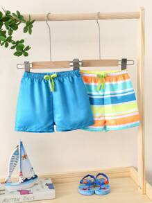 SHEIN Set de 2 shorts de baño a rayas con cintura elástica, lindos para bebé niño en verano - Azul - Ver 3