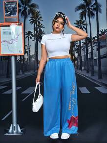 SHEIN EZwear 大码夏季网眼休闲度假海军蓝热带花卉印花宽松裤 - 寶藍色 - 查看 3