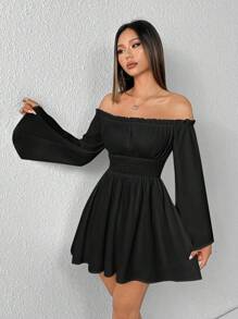 SHEIN PETITE Vestido blanco con volantes en los hombros, mangas abullonadas con flecos y mangas campana