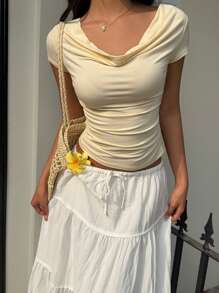 SHEIN EZwear 夏季大码紧身垂领黄色T恤 - 黃色 - 查看 5