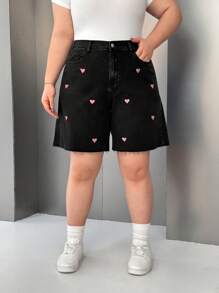 SHEIN EZwear Plus Size Women Heart Pocket Loose Casual Denim Shorts - Black - View 2