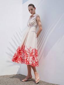 Aveloria Modichic Elegant Chic Commuter Versatile Fashion Top Crossed Waist Button Design Floral Printed Sleeveless Dress For Women