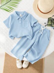 SHEIN 2 件装男婴/女婴蓝色翻领短袖亨利衫和休闲长裤套装