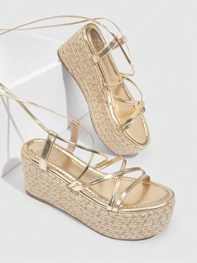 CUCCOO SZL Fashionable Women's Gold Lace-Up Platform Espadrille Sandals For Vacation Disco Party Sexy Night Out Spring Shoes Spring Break Easter For Christmas Spring Shoes