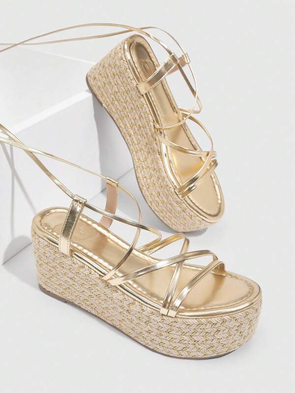 CUCCOO SZL Sandalias de plataforma con cordones de encaje dorado de moda para mujer, ideales para vacaciones, fiestas de Navidad, discotecas, salidas nocturnas sexys, otoño, Año Nuevo y el Día de San Valentín