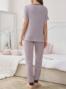 Moonlight&Mama Contrast Color Patchwork V-Neck Chest Pocket Casual Short Sleeve Pants Maternity Pajamas Set - Mauve Purple - View 2