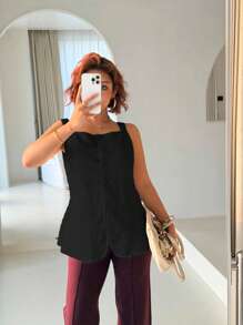 SHEIN Frenchy Plus Size Casual Elegant Textured Fabric Camisole Open Shirt - Black - View 5