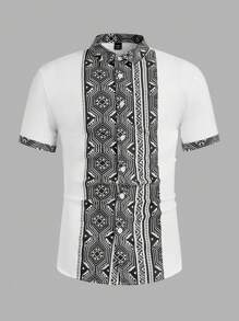 Manfinity Homme Camisa casual de manga corta con estampado geométrico de corte recto para hombres. Ropa y camisas para hombres, camisas frescas para hombre, camisas de diseñador para hombre. Estilo minimalista veraniego, diseño básico, suave y cómodo, perfecto para vacaciones, streetwear y uso casual diario.