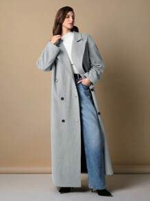 EURMUSE Cappotto casual lungo a doppiopetto con collo a bavero in colore unito, da donna, per l autunno/inverno - Grigio Chiaro - Visualizzare 5