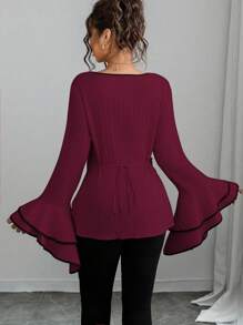 Calvaya Camicia aderente da donna con colletto alla coreana, maniche a doppio strato con volant