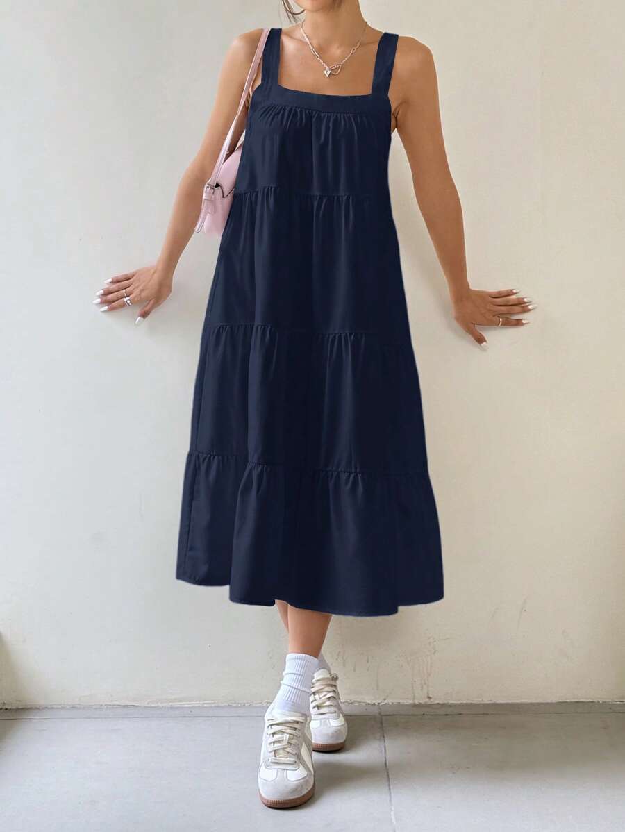 SHEIN EZwear Solid Color Minimalist Daily Long A-Line Sleeveless Slip Dress, Spring/Summer - Navy Blue - View 1