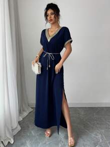 Rafferiza Nuevo vestido largo con abertura de manga corta, cintura holgada y decoración de cinturón trenzado dorado en estilo retro para mujeres