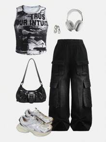 SHEIN 2pcs Young Girl' Tie-Dye Letter Print Top And Patch Pocket Denim Pants Outfit, Suitable For Summer Daily Wear - Multicolor - View 1