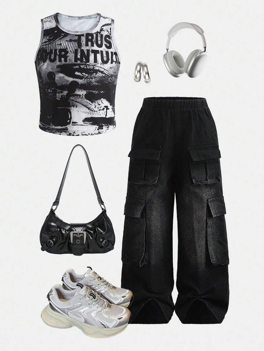 SHEIN 2pcs Young Girl' Tie-Dye Letter Print Top And Patch Pocket Denim Pants Outfit, Suitable For Summer Daily Wear - Multicolor - View 1