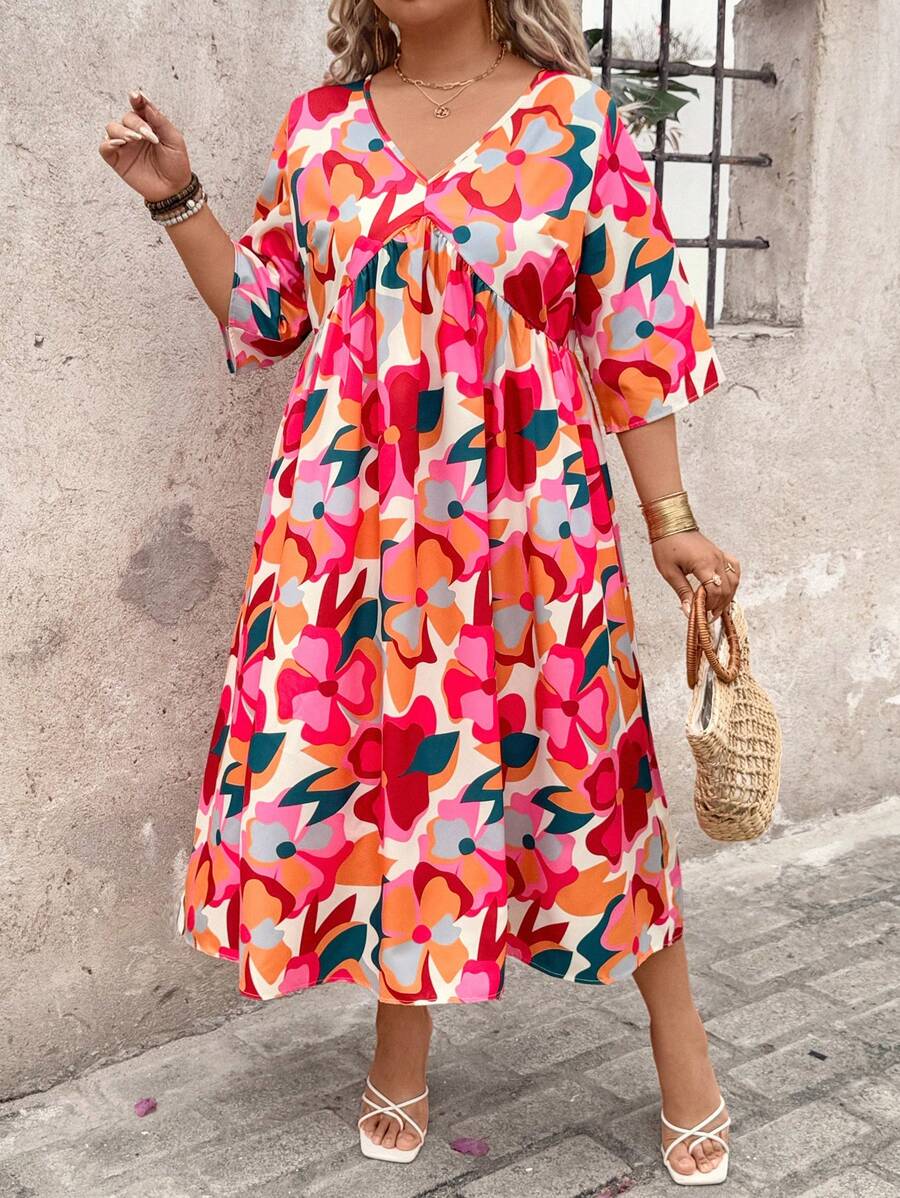 SHEIN Clasi Plus Size Women's Colorful Floral Print Beach Dress - Multicolor - View 1