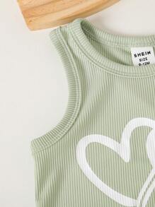 SHEIN Baby Girl 2pcs/Set Spring Casual Outdoor Sports Ribbed Fabric Heart Graphic Sleeveless Top And Elastic Waist Loose Pants Sweatsuit - Multicolor - View 3