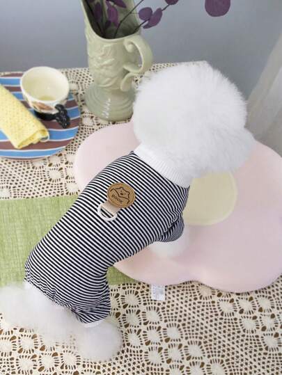 PETSIN Simple Casual Book & Bear Striped Design Lightweight Breathable Pet Jumpsuit, Suitable For Spring/Summer In-Home And Outdoor Use