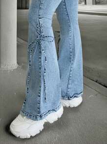 EURMUSE Jeans a vita alta con dettagli a nastro, a zampa - Blu lavato medio - Visualizzare 3