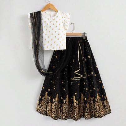 2 pezzi Set di canotta bianca con bordo arricciato in lamina d'oro e gonna midi con motivo floreale rosso in lamina d'oro per ragazza pre-adolescente,
