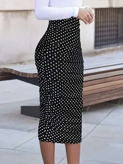 SHEIN Women's Polka Dot Print Pleated High Waist Pencil Skirt, Elegant And Slimming Fall Cloth For Women